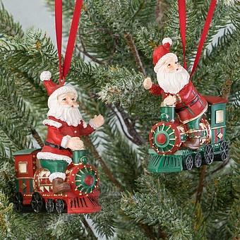 Set Of 2 Santa Riding Express Trains Red Green 10 cm