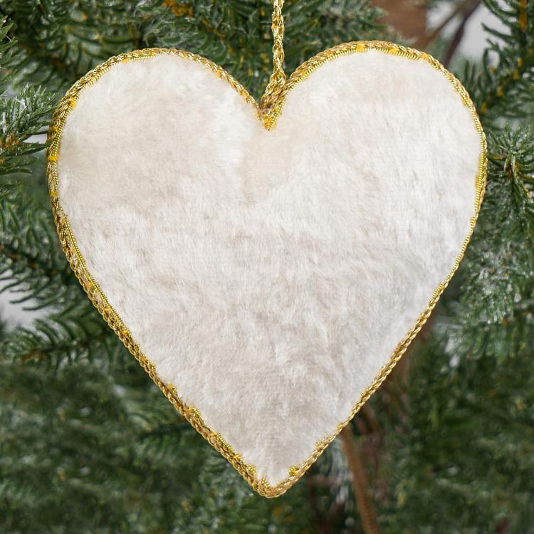 Ёлочная игрушка Белое барахатное сердце с жемчужинками White Velvet Heart With Pearls 10 cm