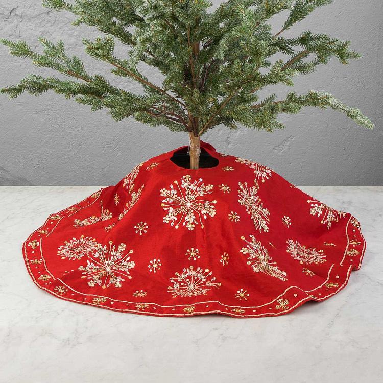 Golden Snowflakes Christmas Tree Skirt Red 106 cm