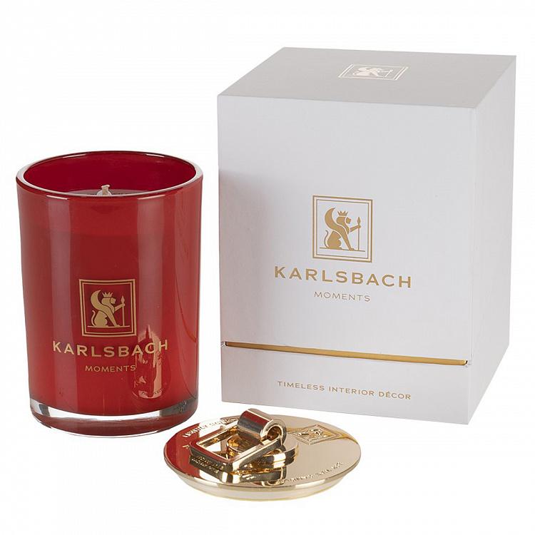 Арома-свеча в красном стакане с золотой крышкой Цветы апельсина Aroma Candle In Red Glass With Gold Lid Orange Blossoms