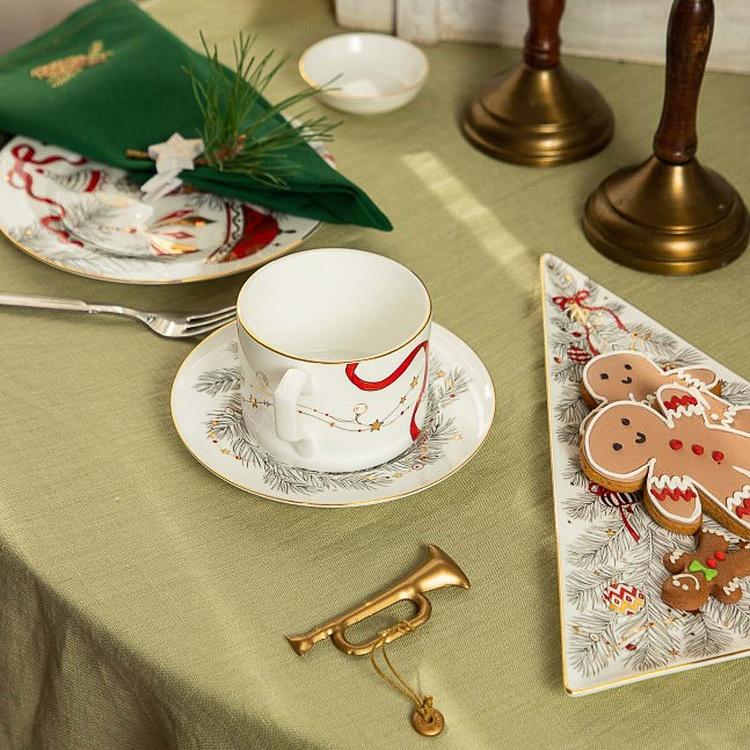 Чайная пара Новогодняя с красной лентой на чашке New Year Pine Tea Cup And Saucer