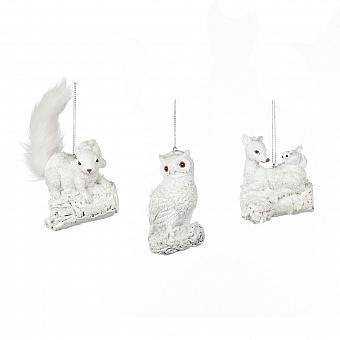 Набор из 3-х ёлочных игрушек Set Of 3 Snow Furry Deer Owl Squirrel White 12 cm