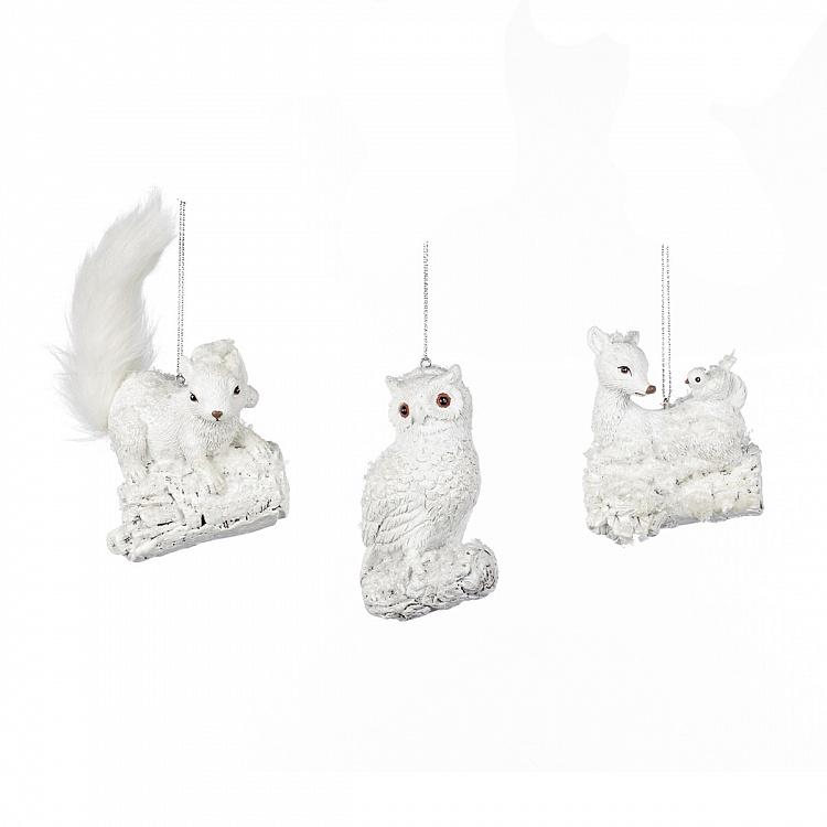 Set Of 3 Snow Furry Deer Owl Squirrel White 12 cm