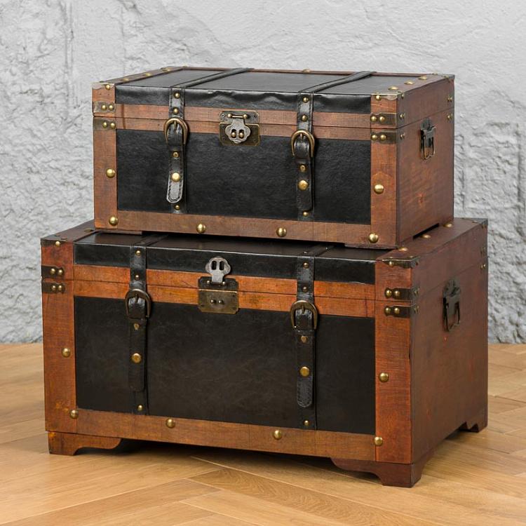 Set Of 2 Trunk Faux Leather Suitcase Boxes Black Brown Large