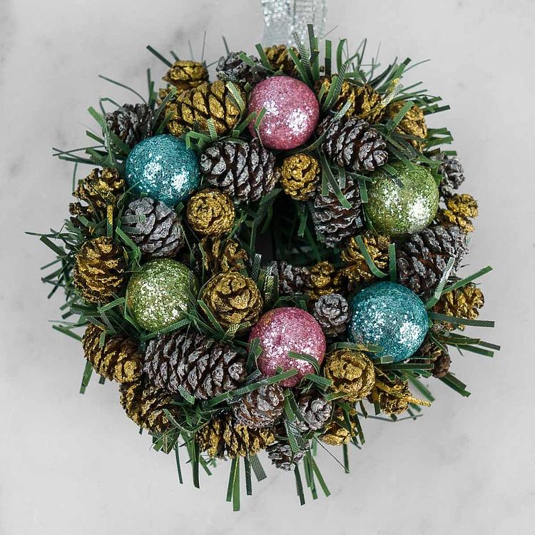 Новогодний венок с шишками и перламутровыми шарами 4, XS Wreath Bagel 4 Extra Small
