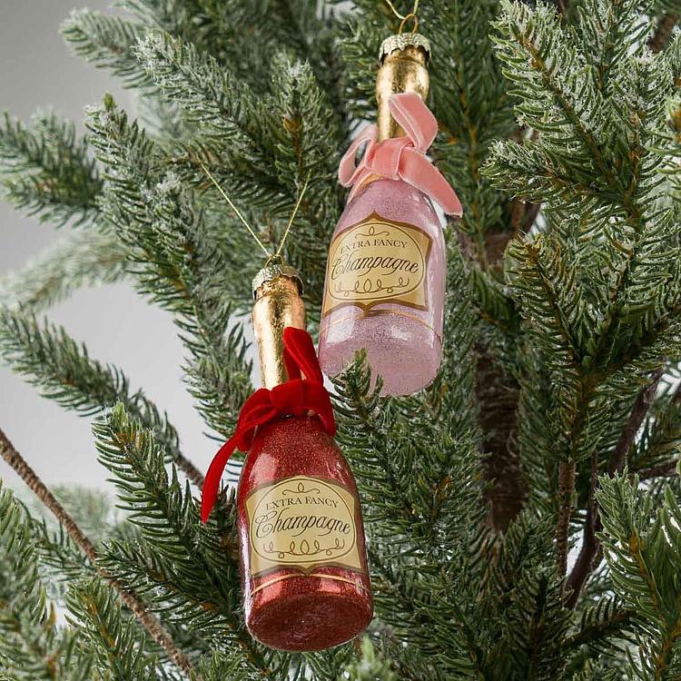 Набор из двух ёлочных игрушек Шампанское красное и розовое Set Of 2 Glass Hangers Champagne Red And Pink 13 cm