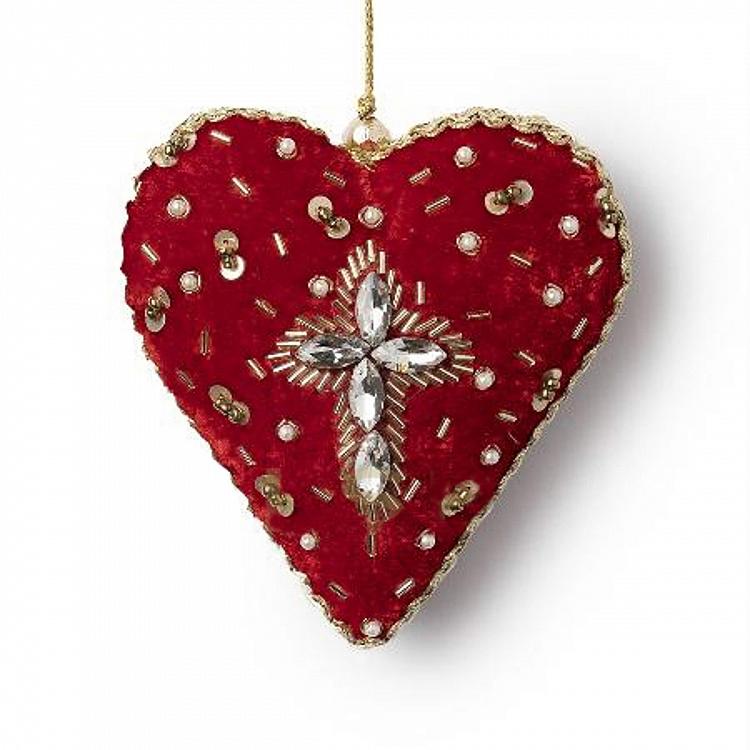 Ёлочная игрушка Красное бархатное сердце с узором из страз Rhinestone Pattern Velvet Heart Red 12 cm