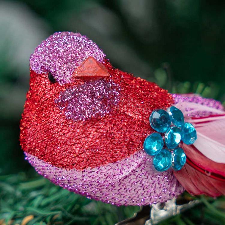 Набор из четырёх ёлочных игрушек Разноцветные блестящие птички на прищепке Set Of 4 Sequin Glitter Birds On Clip Multi 12,5 cm