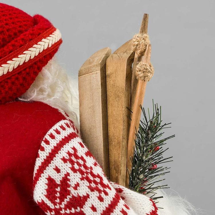 Новогодняя фигурка Лесной Санта в белой шубе и с лыжами Forest Santa Claus In White Fur Coat With Skis 48 cm