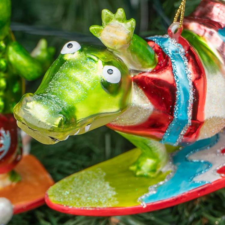 Набор из 2-х ёлочных игрушек Крокодилы-серфингисты Set Of 2 Glass Surfing Crocodiles Green/Red 15 cm