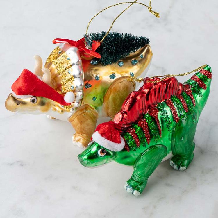 Набор из двух ёлочных игрушек Новогодние динозавры Set Of 2 Glass Xmas Dinosaurus Green/Gold 13 cm