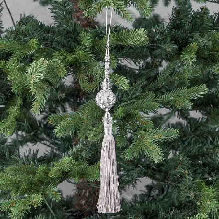Новогодняя подвеска Серебристый шар с кисточкой Silver Ball Pendant With Tassel Grey 25 cm