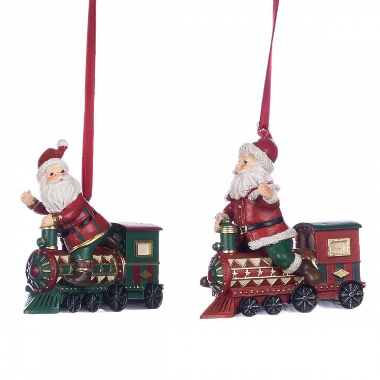 Set Of 2 Santa Riding Express Trains Red Green 10 cm