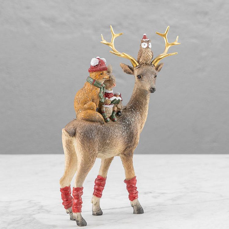 Новогодняя фигурка Рождественский олень с друзьями Xmas Deer With Animal Friends Brown/Red 25 cm
