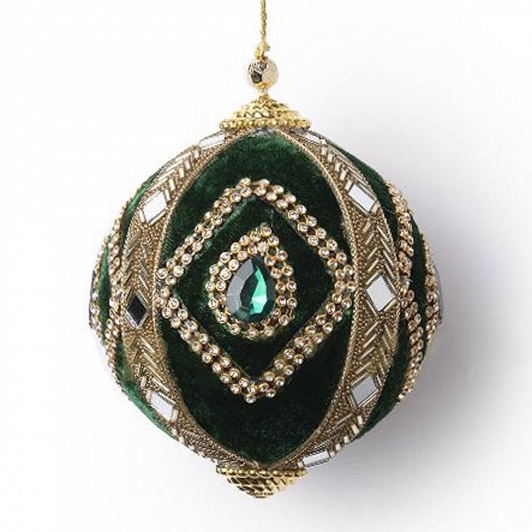 Ёлочная игрушка Зелёный шар с золотым орнаментом из страз Rhinestones Gold Ornament Ball Green 10 cm