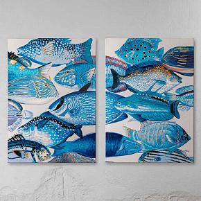 Set Of 2 Canvas Acrylic Painting Blue Fishes