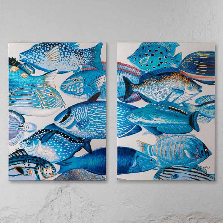 Set Of 2 Canvas Acrylic Painting Blue Fishes