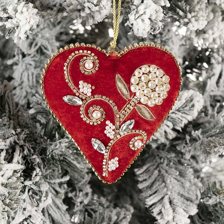 Ёлочная игрушка Бархатное красное сердце с цветочным узором Beads Pattern Velvet Heart Red 12 cm