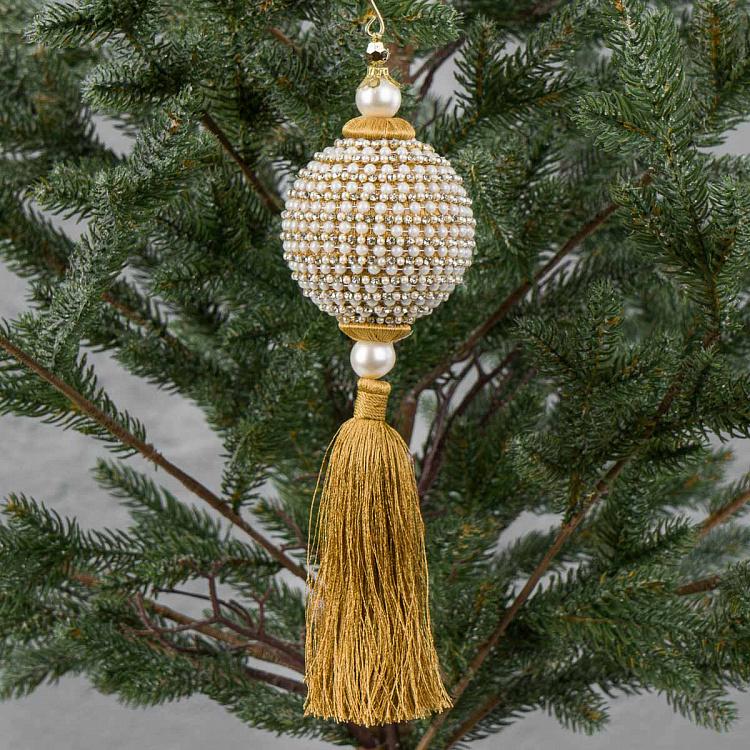 Новогодняя подвеска Шар с золотой кисточкой Жемчуг Pearl Rhinestone Ball With Gold Tassel 26 cm