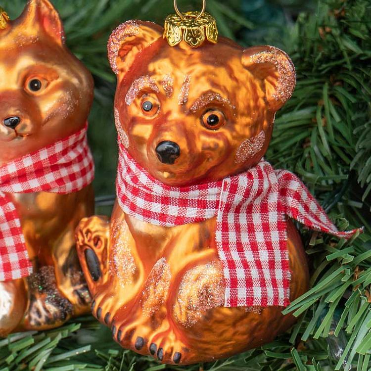 Набор из 2-х ёлочных игрушек Медведь и лиса в шарфе тартан Set Of 2 Glass Tartan Scarf Bear And Fox Brown 10 cm