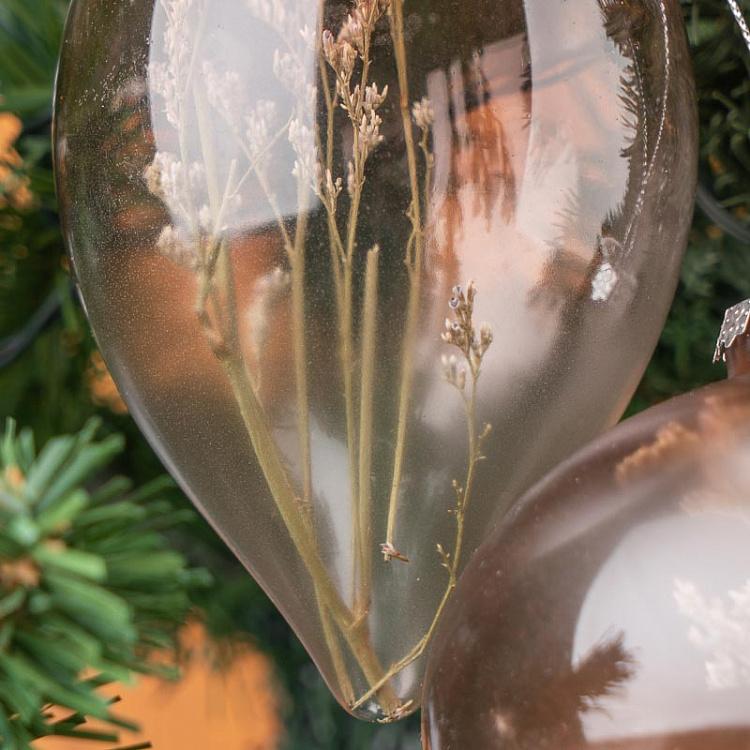 Набор из 3-х прозрачных ёлочных шаров с сухоцветами внутри Set Of 3 Glass Dried Flower Balls Clear/Brown 10 cm