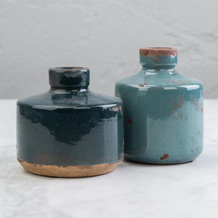 Низкая серо-голубая керамическая ваза Бутыль Bottle Vase Grey Blue Low