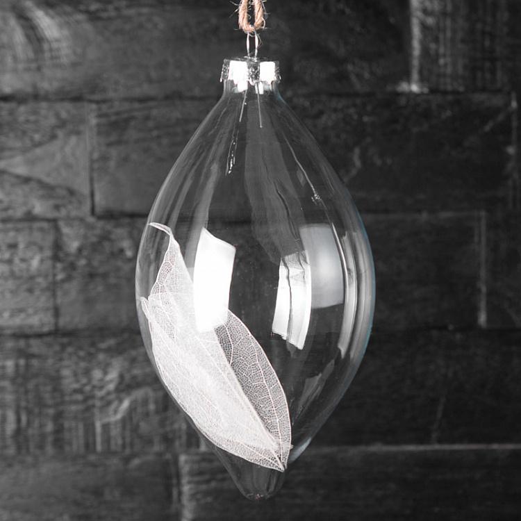 Ёлочный шар с листьями внутри 1 Glass Leaf In Ball Clear/White 1 12,5 cm