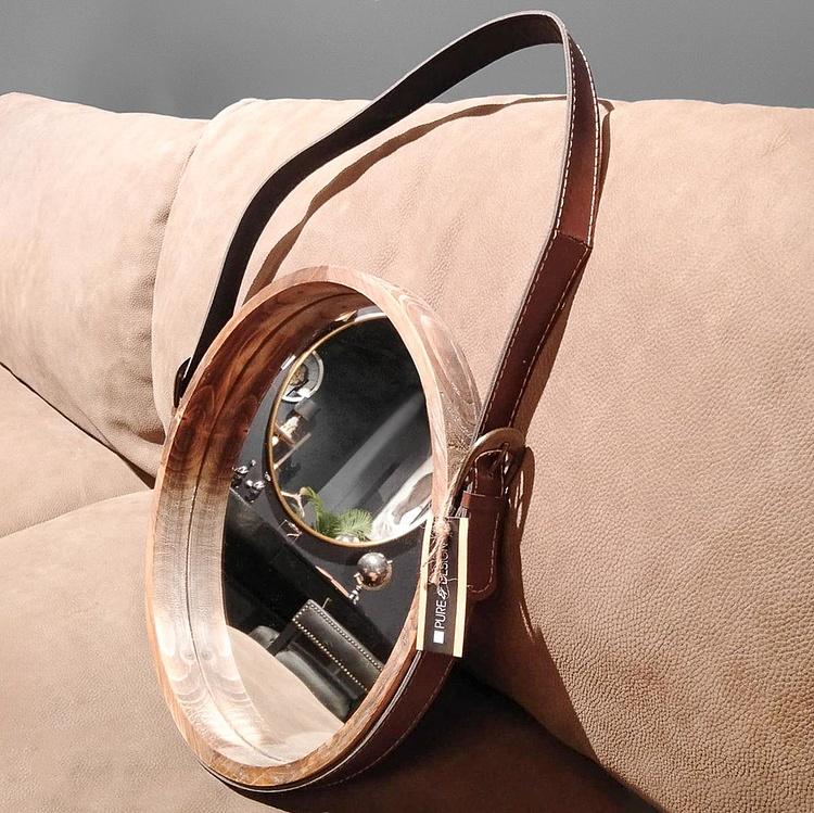 Настенное круглое зеркало из тёмного дерева на ремешке дисконт2 Round Dark Wood Mirror With Faux Leather Strap discount2