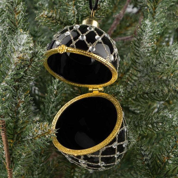 Ёлочная игрушка-шкатулка Чёрное яйцо с серебряным сеточным узором Xmas Egg Box Jewel Net Black Silver 9 cm