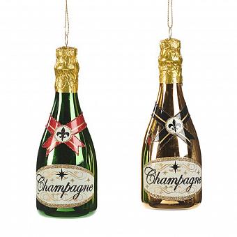 Набор из 2-х ёлочных игрушек Set Of 2 Glass Champagne Bottles Gold Green 14 cm