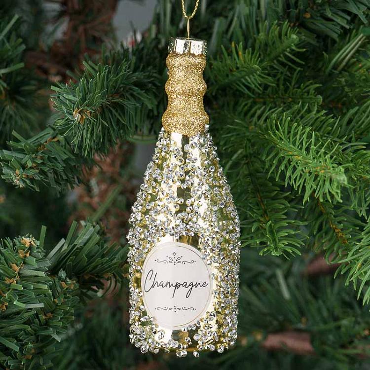 Ёлочная игрушка с бисером Бутылка шампанского Glass Beaded Champagne Bottle Gold 12,5 cm