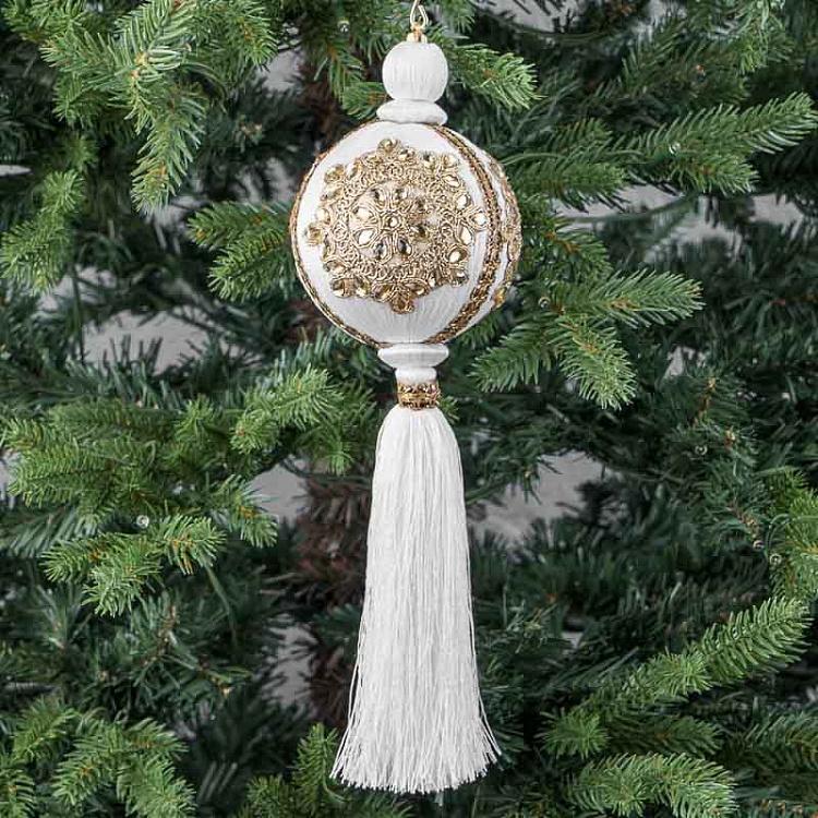 Golden Ornament Ball With Tassel White 9 cm