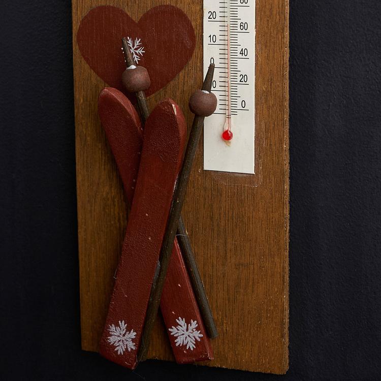 Настенный деревянный термометр с лыжами и снежинками дисконт5 Wooden Thermometer With Ski And Snowflakes 24 cm discount5