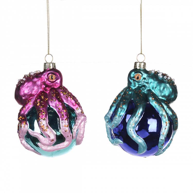 Set Of 2 Glass Octopus On Ball Blue Pink 10,5 cm