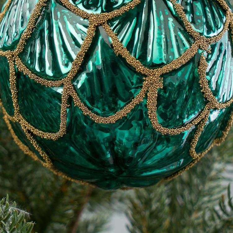 Зелёный ёлочный шар с золотым узором Шишка Glass Antique Pinecone Ball Green Gold 10 cm