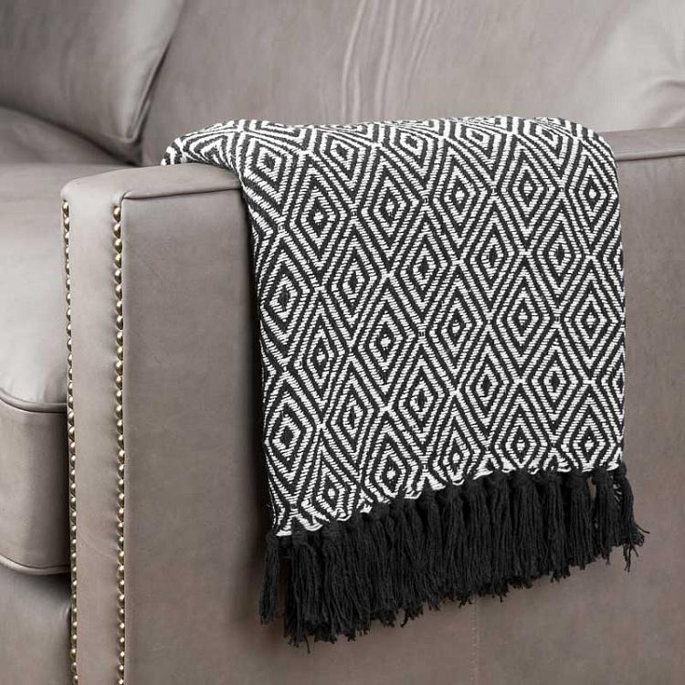 Плед с бахромой Этан, черно-белый ромб Plaid Ethan, Black-White Rhombus, Black Stripes