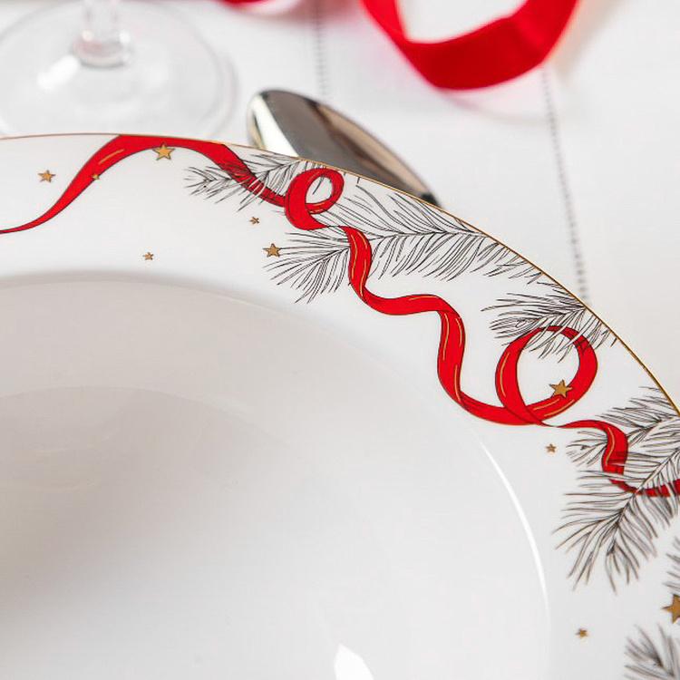 Суповая тарелка Новогодняя с красной лентой New Year Pine Soup Plate