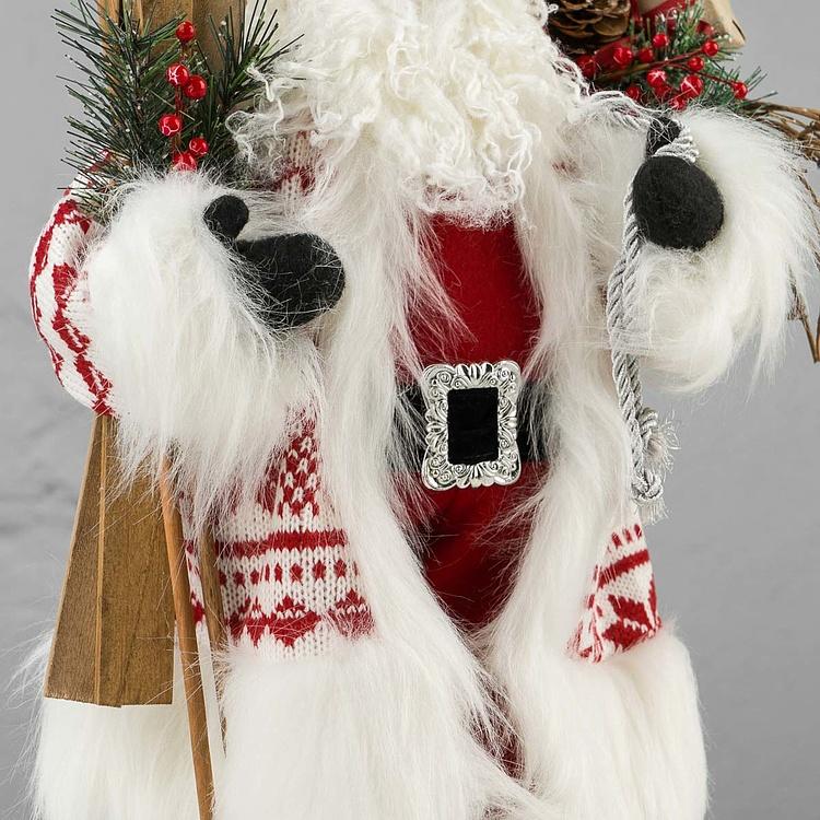 Новогодняя фигурка Лесной Санта в белой шубе и с лыжами Forest Santa Claus In White Fur Coat With Skis 48 cm