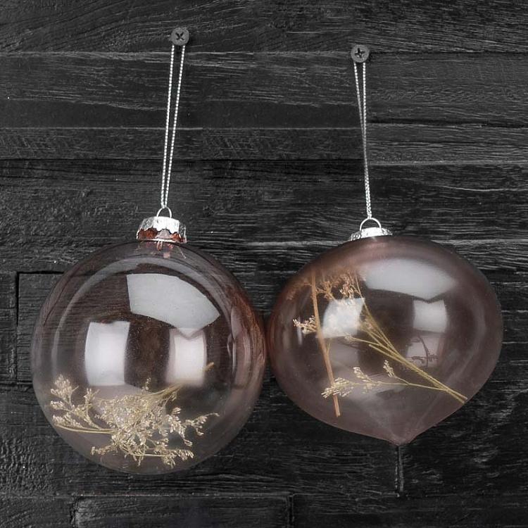 Набор из двух прозрачных ёлочных шаров с сухоцветами внутри Set Of 2 Glass Dried Flower Balls Clear/Brown 10 cm