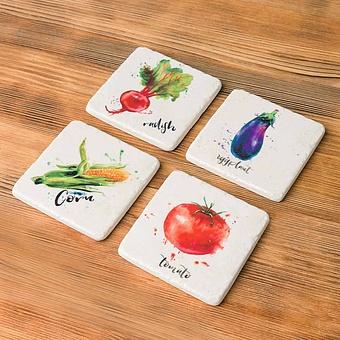 Set Of 4 Stone Coasters Vegetables