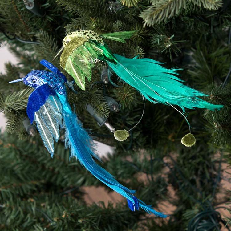 Набор из двух ёлочных игрушек Колибри на прищепке Set Of 2 Flying Hummingbirds On Clip Blue/Green 20 cm
