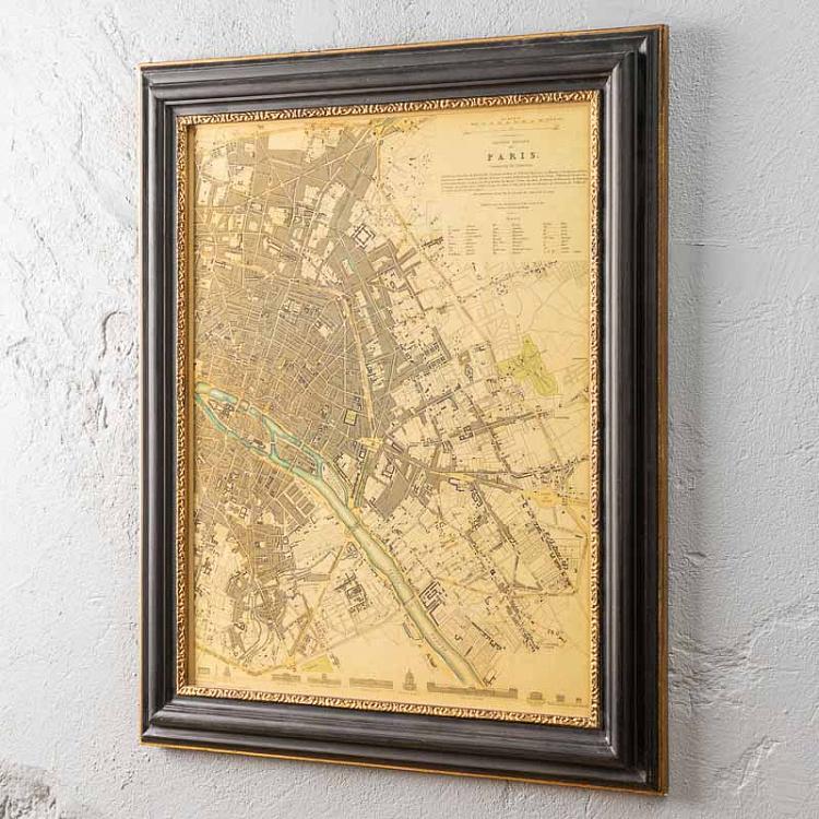 Винтажная картина-принт в чёрной с золотом раме Старинные карты Париж, Франция, 1834 Vintage Maps Paris, France, 1834, MP1 Frame