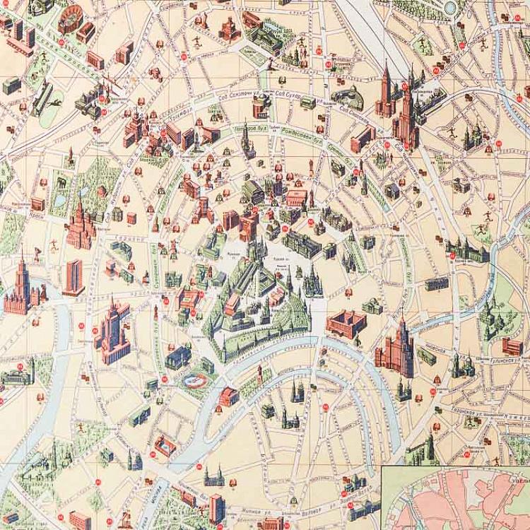 Картина-принт Карта Москвы, чёрная рама Classic Map Moscow, Black Wood
