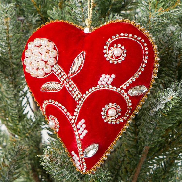 Beads Pattern Velvet Heart Red 12 cm