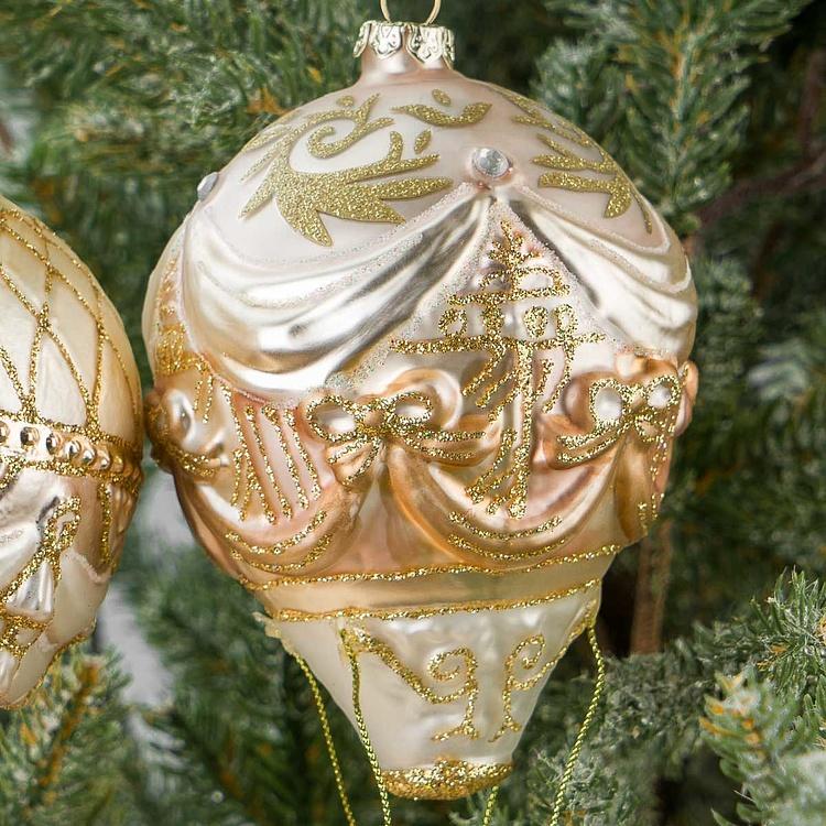 Набор из двух стеклянных ёлочных игрушек Воздушные шары Set Of 2 Glass Hot Air Balloons Gold Cream 16 cm