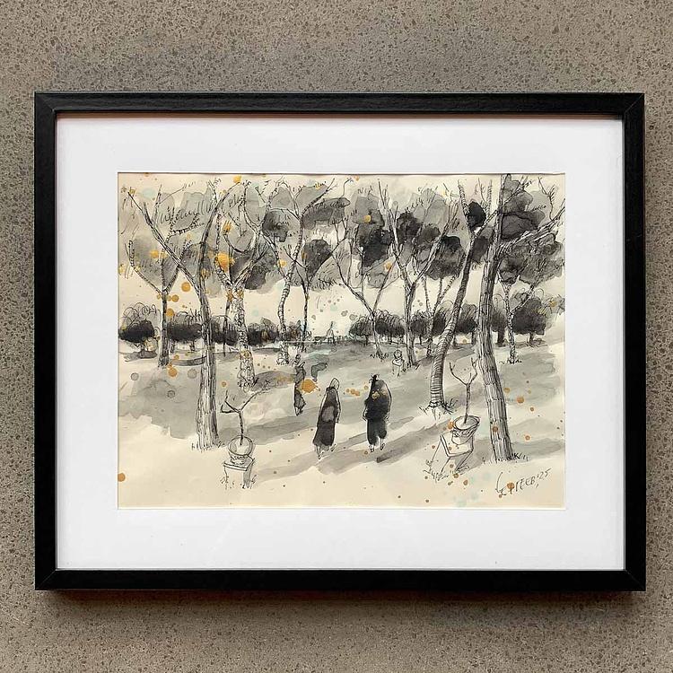 Рисунок тушью с золотом Авентинский холм Colle Aventino Drawing With Gold