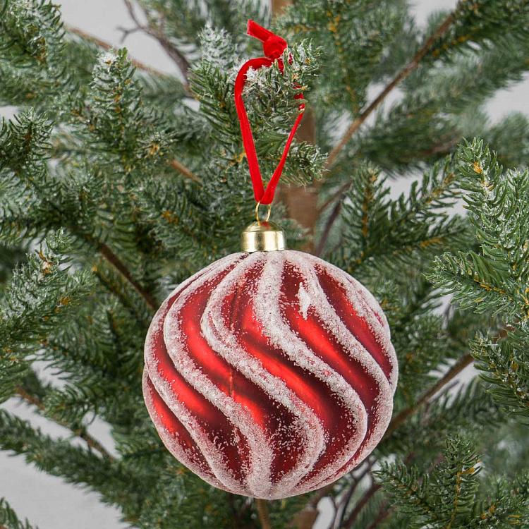 Ёлочная игрушка Красный шар с белыми волнистыми линиями White Wavy Lines Ball Red 10 cm