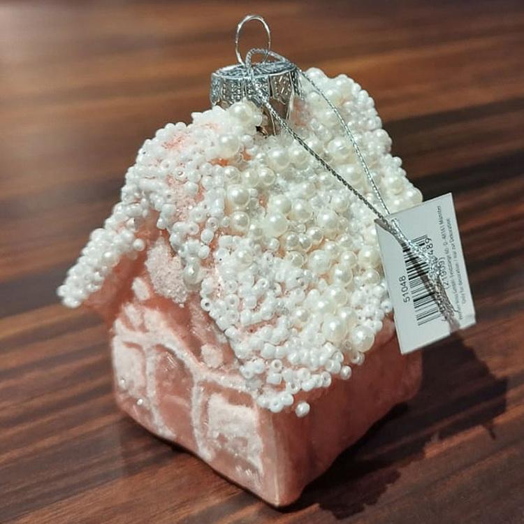 Ёлочная игрушка Розовый домик с бисером дисконт1 Glass Hanger House Pink With Beads 10 cm discount1