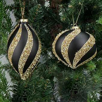 Set Of 2 Glass Sequence Stripe Balls Black 10 cm