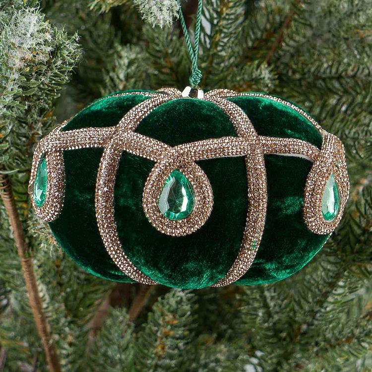 Ёлочная игрушка Зелёная тыква с орнаментом и стразами Velvet Pumpkin With Pattern And Rhinestones Green 12,5 cm